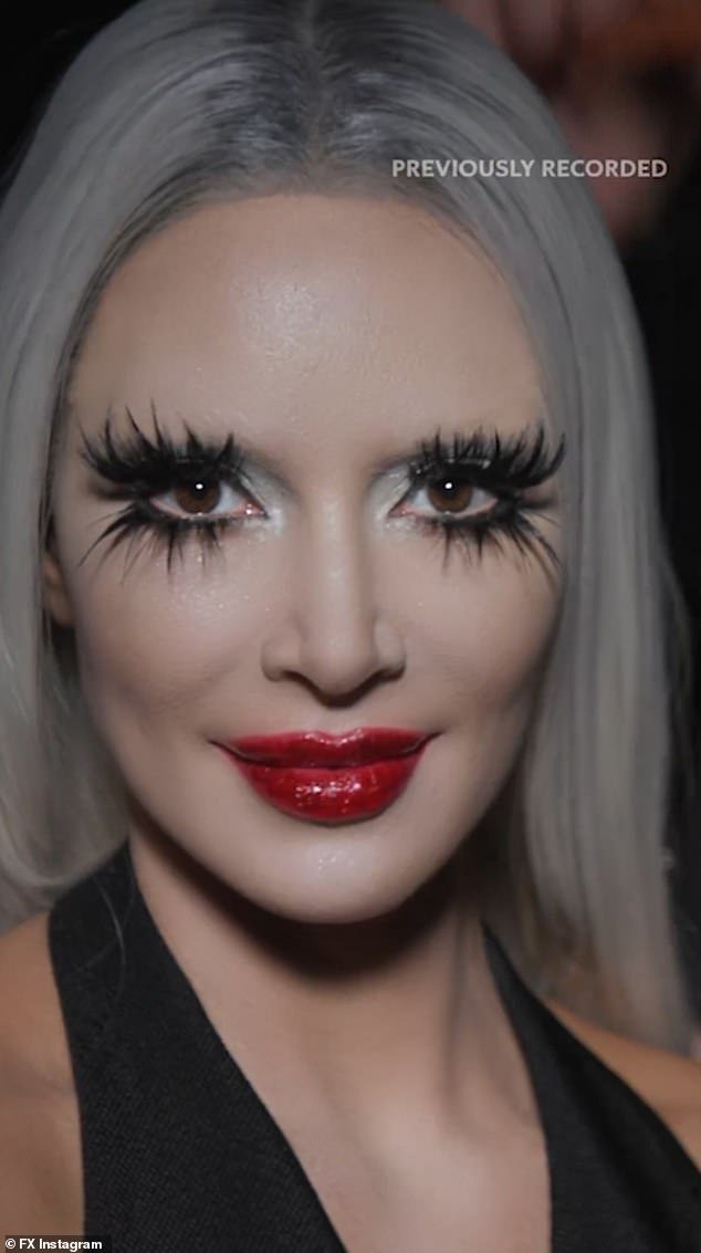 Kim Kardashian undergoes drastic transformation, donning platinum blonde wig and bold spiky lashes, as she fearlessly poses with enormous tarantula prior to American Horror Story: Delicate premiere.