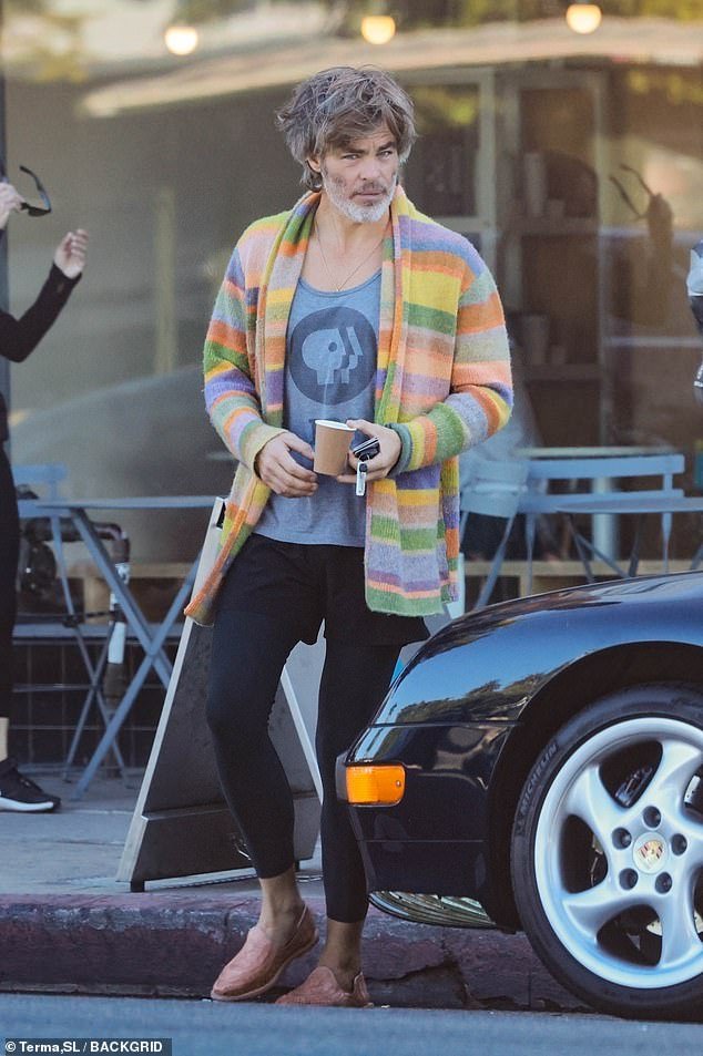 Chris Pine rocks shaggy hair and sporting a gray beard, goes for a coffee run in LA donning athletic leggings and a vibrant cardigan