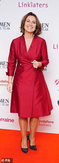 Susanna Reid stuns in a stunning red satin dress alongside Rachel Riley and Emma Bunton at the Women of the Year Awards.