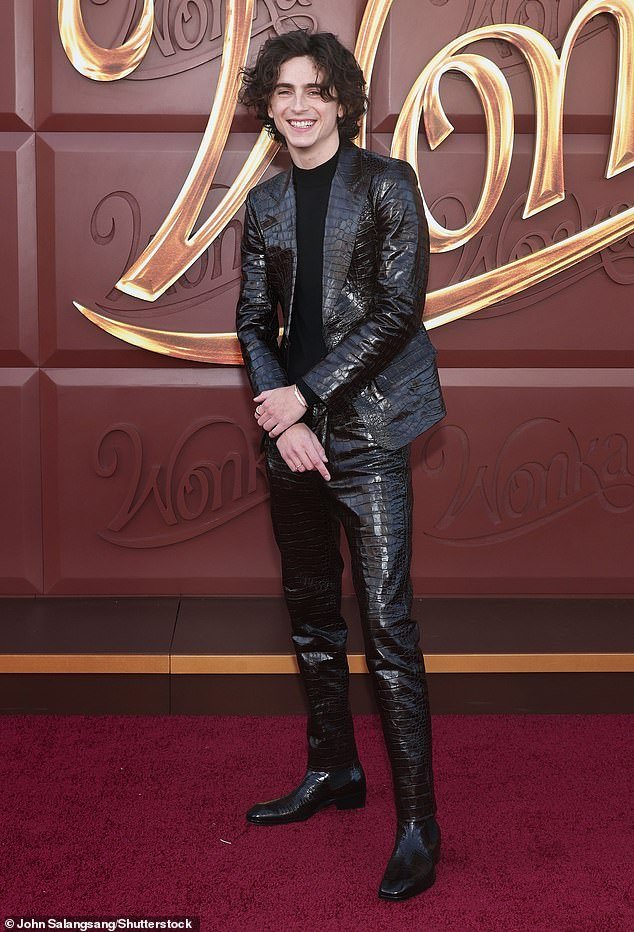 Actor Timothee Chalamet brings edgy style to LA premiere of Wonka in sleek black alligator skin outfit