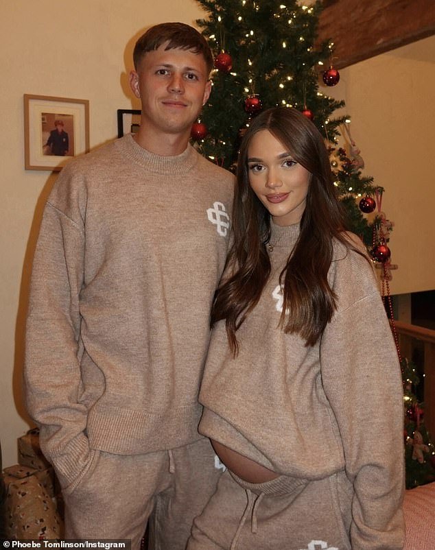 Phoebe Tomlinson proudly displays her growing baby bump in a coordinated brown outfit while celebrating Christmas with her boyfriend, Jack Varley