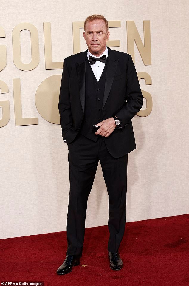 Kevin Costner Stuns in Black Suit at Golden Globes 2024, Attends Solo