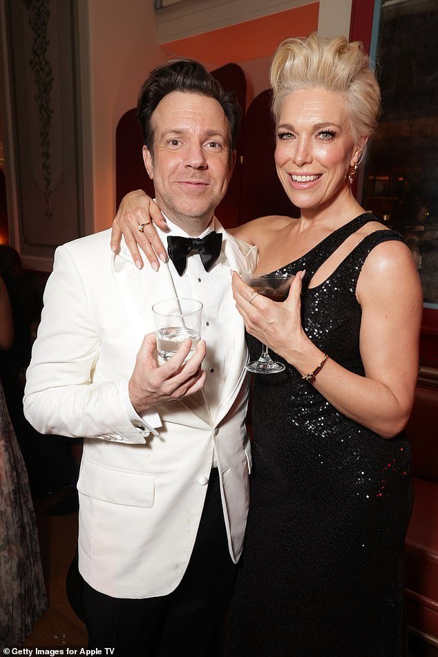 Hannah Waddingham and Jason Sudeikis strike a playful pose at Apple TV+’s post-Emmy’s party