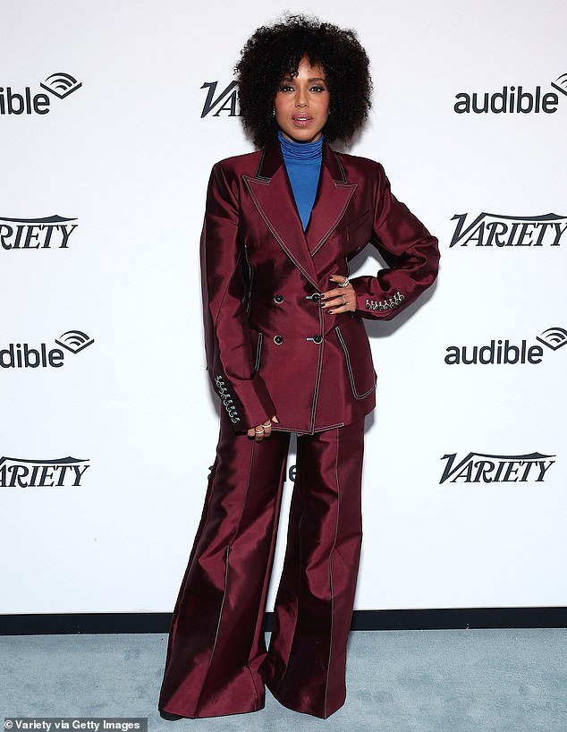 Kerry Washington stuns in a chic double-breasted coat and flared pants during her visit to the Variety Sundance Studio in Park City