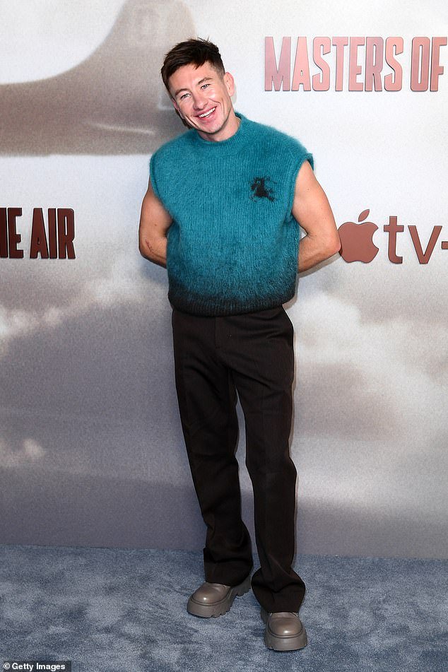 Barry Keoghan joins dapper co-stars Callum Turner and Austin Butler in a casual sleeveless knitted jumper at the star-studded Masters Of The Air premiere in London