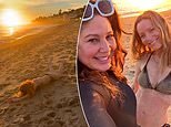 Leslie Mann flaunts her stunning physique as she playfully frolics in the sand at the beach during sunset with her best friend forever