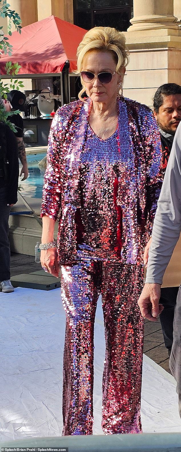 Jean Smart dazzles in vibrant and glittering attire during the filming of Season 3 of her Max series Hacks on the Las Vegas strip