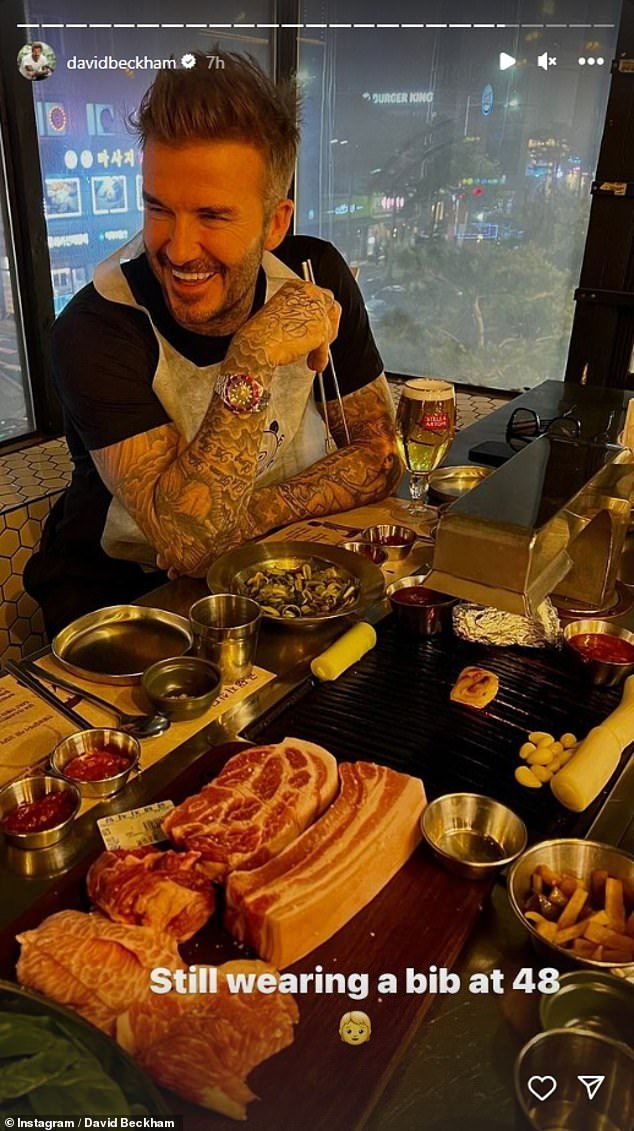 David Beckham, 48, jokes that he still needs a bib as he enjoys a luxurious Korean BBQ dinner in Seoul