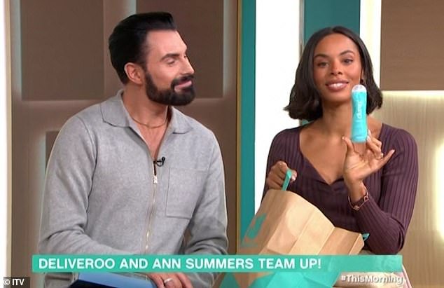 Rochelle Humes, This Morning host, gets a fit of laughter as she displays a bottle of lube while receiving a sex toy delivery on live TV