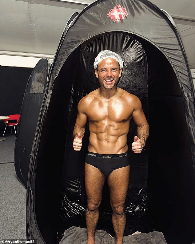 Ryan Thomas flaunts his toned body in skimpy Calvin Klein briefs while receiving an intense spray tan for Dancing On Ice.