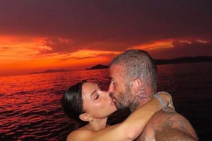 David Beckham and Victoria share a romantic sunset kiss on Valentine’s Day, while Millie Mackintosh and Hugo Taylor lead the extravagant celebrations