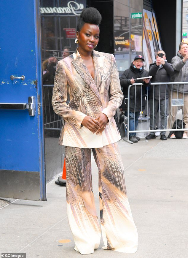 Danai Gurira makes a fashionable appearance in a suit to promote The Walking Dead’s spin-off series The Ones Who Live, in New York City