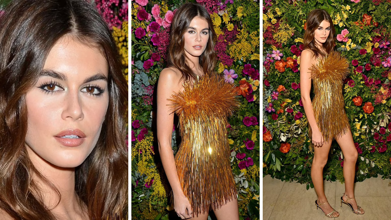 Kaia Gerber dazzles in a shimmering gold strapless minidress at the glamorous Vogue x Tiffany & Co BAFTAs afterparty